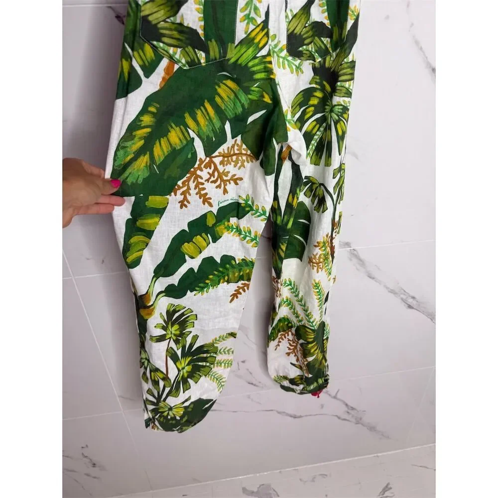 Farm Rio XXS Green white Tropical Leaf Print Jumpsuit Linen Resort Anthropologie - Picture 10 of 16